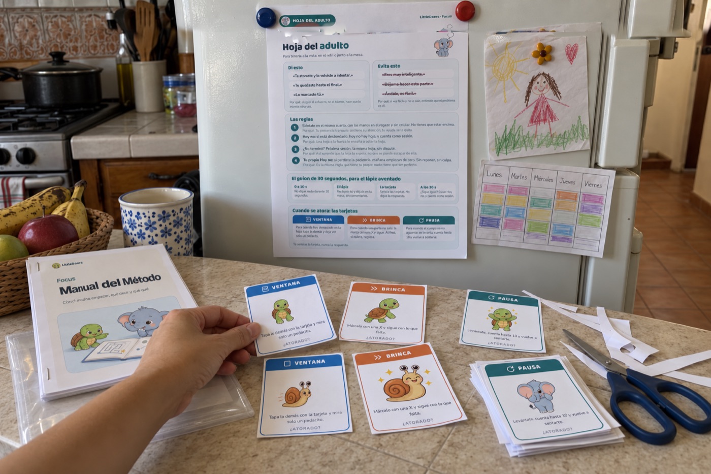 La Hoja del adulto en el refri, las tarjetas recortadas y el Manual del Método impreso