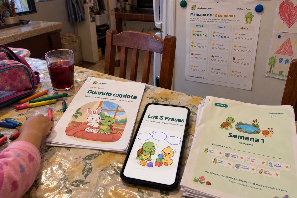El Focus Plus impreso en casa: el Kit Berrinche, Las 3 Frases en el celular, la Semana 1 y el mapa de 12 semanas en el refri