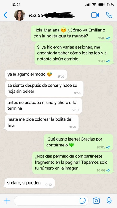 Mensaje de WhatsApp de una familia: antes no acababa ni una; ahora termina su hoja sin pelear